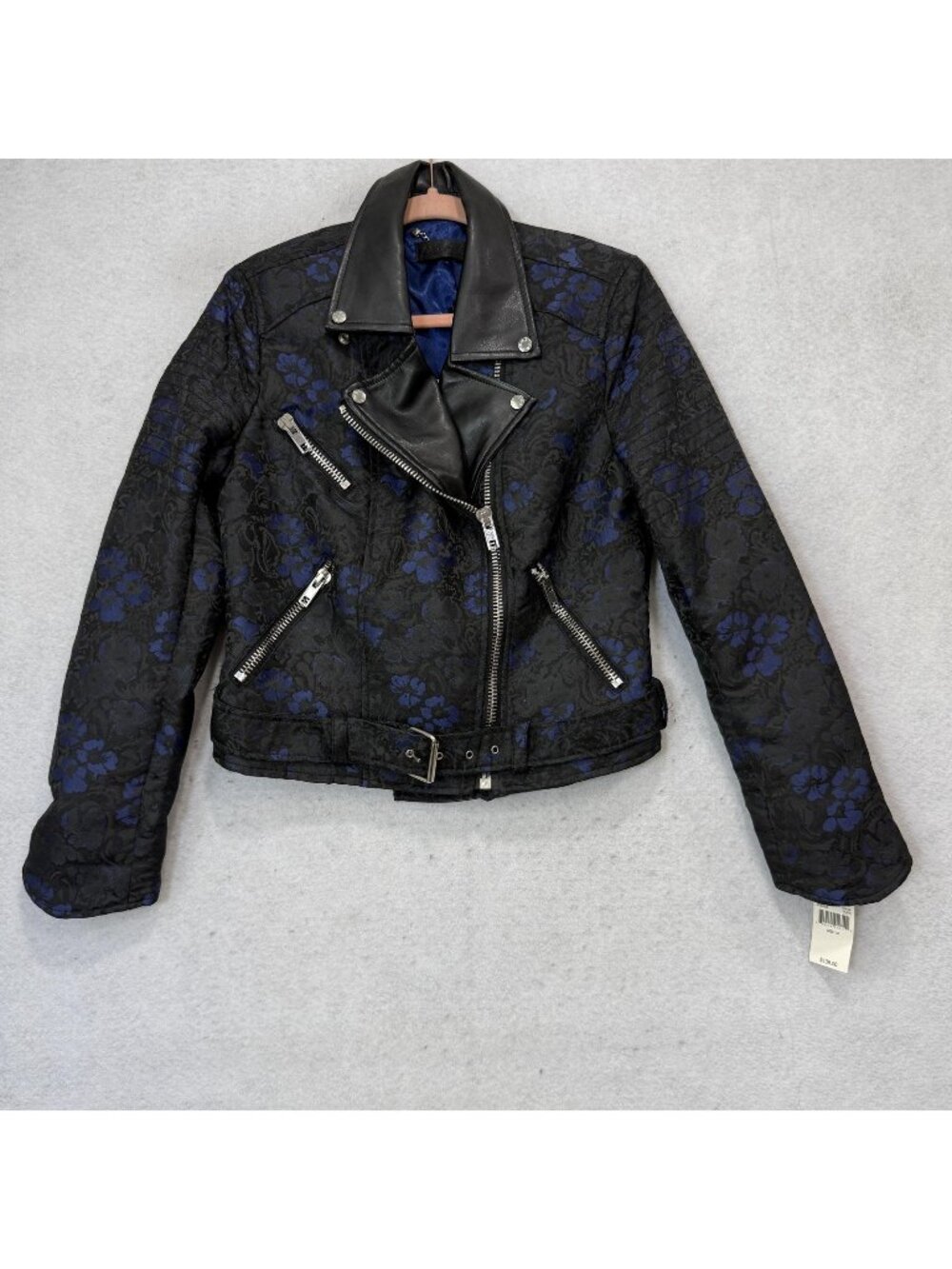 ABS By Allen Schwartz Jacket Womens Medium Black Floral Moto Belted Zip Biker